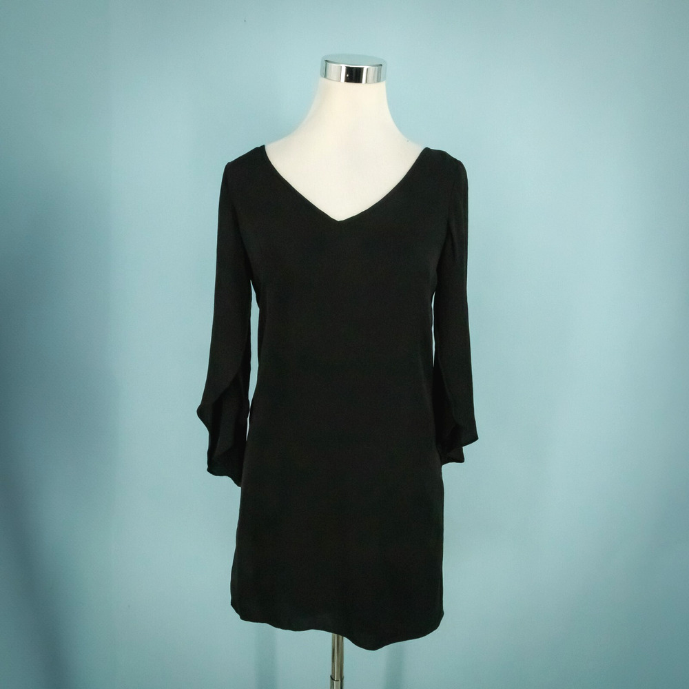 Milly Size 4 Black V Neck Long Tulip Sleeve Sheath Style Lined 100% Silk Dress